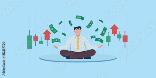 Calm businessman meditating surrounded by falling money and stock charts