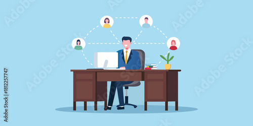 Man at desk connected to remote team members