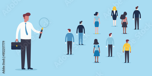 Business man with magnifying glass inspecting a group of people