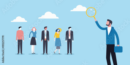Recruiter using magnifying glass to select candidate from group