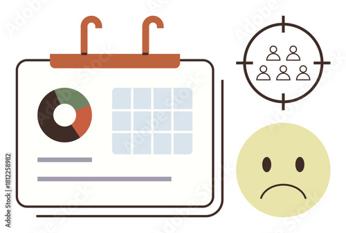 Calendar with analytics and chart, focus target audience icon, and sad face representing missed opportunities. Ideal for marketing, scheduling, planning, analytics, feedback, time management goals