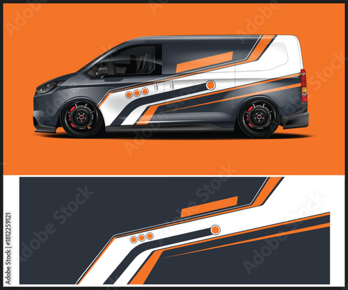 Modern van wrap design with geometric shapes for business advertising