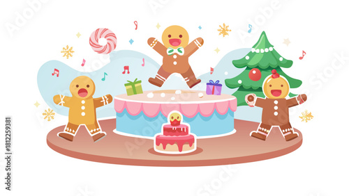 A magical Christmas bakery with floating cupcakes and singing gingerbread men