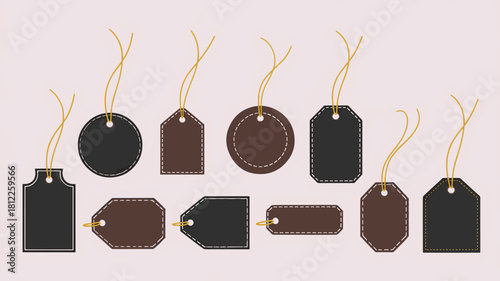 Many various leather tags with string isolated on light background