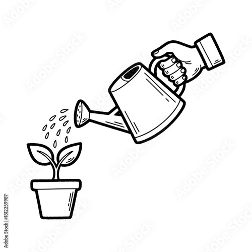 Hand-drawn Black Outline Vector of Watering Can and Potted Plant
