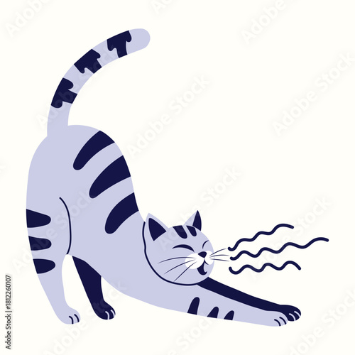 Cute purple cartoon cat stretching pose flat vector illustration