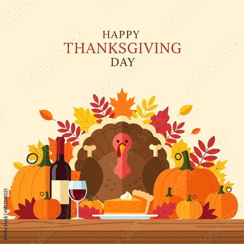 Vibrant autumn harvest feast with traditional Thanksgiving elements, celebrating gratitude and togetherness with food and drink, perfect for holiday season designs