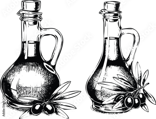 Olive oil bottles sketch with fresh olive branches and fruit icon