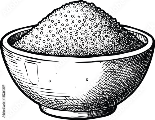 Engraved style illustration of bowl filled with granular sugar