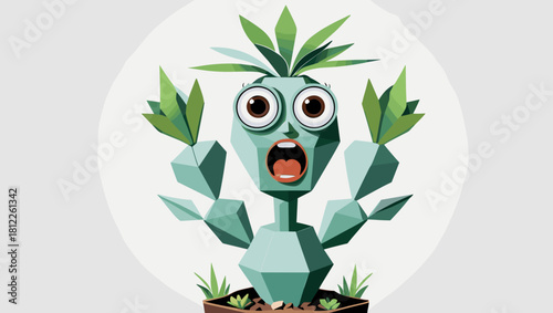Cartoon cactus character with big eyes and surprised expression in a pot