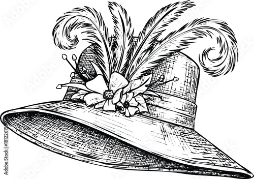 Vintage fashion hat with feathers and flowers hand drawn sketch
