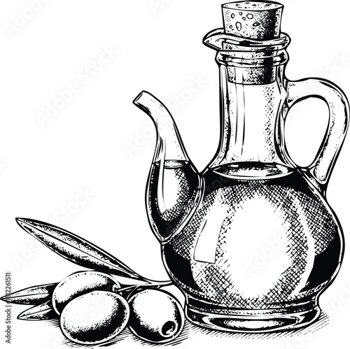 Olive oil cruet with fresh olives and leaves hand drawn illustration