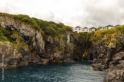 Cliff view of the Fabrica da Baleia do Boqueirao Museum in Santa Cruz das Flores, Azores Portugal