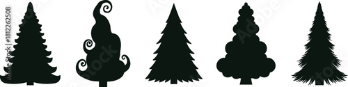 Diverse collection of evergreen tree silhouettes on a white background