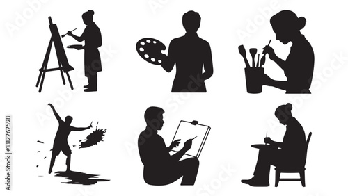 Set of artist silhouette vectors creative people painting and drawing isolated on white background