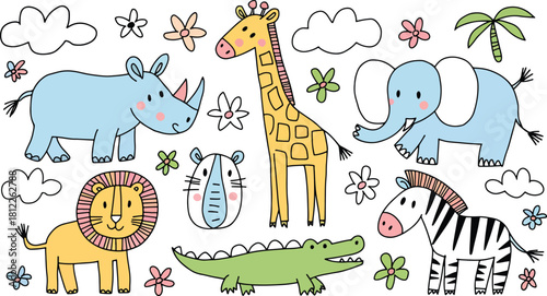 safari animals Cute cartoon set for children's designs and decor