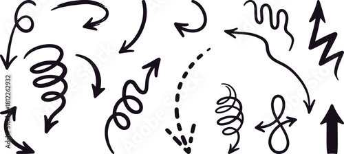 Hand drawn arrow collection in black ink on white background