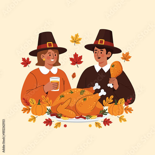 Cheerful pilgrim couple celebrating the autumn harvest festival with a traditional roasted turkey dinner