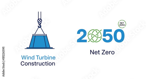 Vector illustration of wind turbine construction and net zero 2050 logo isolated on