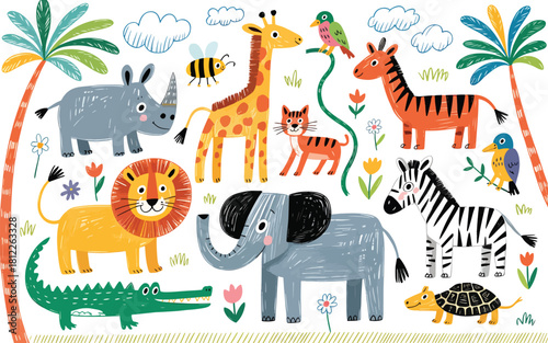 safari jungle animals Whimsical hand drawn illustration for kids