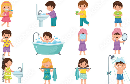 Personal hygiene, cartoon children, brushing teeth, washing hands, drinking water, bathing, towel drying, mirror check, hygiene routine, health habits, illustration
