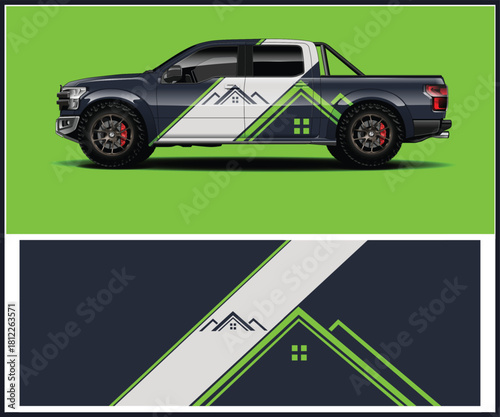 Modern truck wrap design featuring mountains and a house silhouette