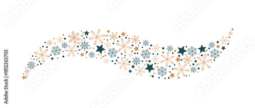 A decorative flowing winter pattern composed of teal and gold elements, including snowflakes, stars, and dots, on a white background.