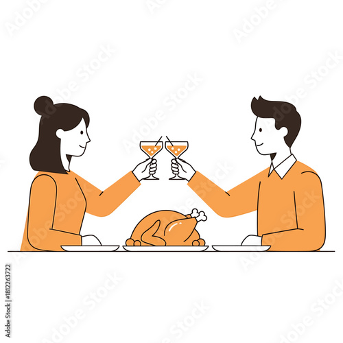 A happy couple enjoys a romantic dinner date, toasting with wine over a roasted chicken. A minimalist vector illustration of a festive holiday celebration