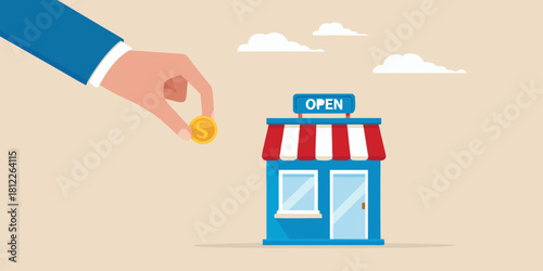 Hand drops coin into open store for business investment