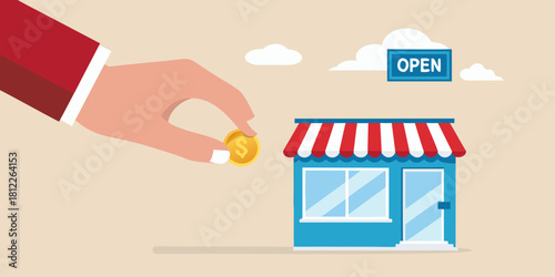 Hand placing coin into small business for investment