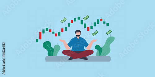 Man meditating amidst financial market gains and losses