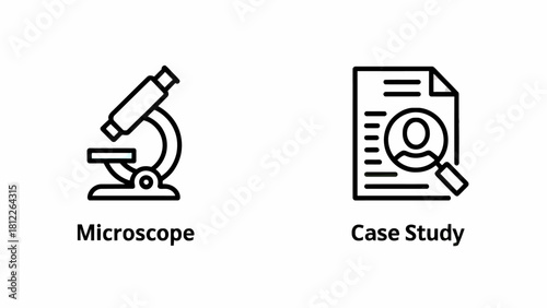 Microscope Icon and Case Study Icon Representing Scientific Research and Analysis Processes