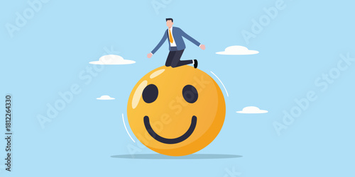 Businessman riding a giant happy face symbol in the sky