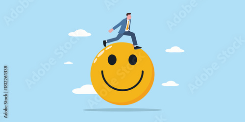 Businessman running on a giant smiley face in the sky