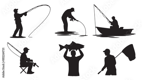 Set of fishing silhouette vectors showing various fishing poses great for outdoor and recreational designs