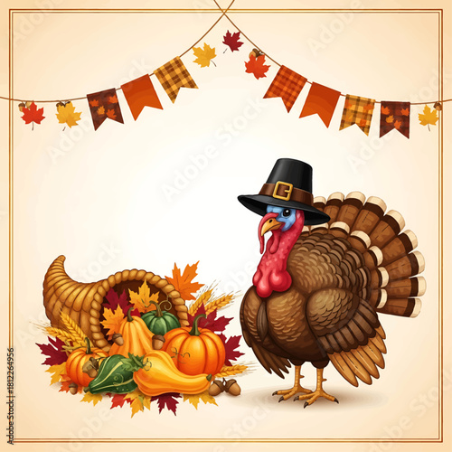 Whimsical Thanksgiving turkey in a pilgrim hat standing beside a bountiful cornucopia of autumn harvest vegetables