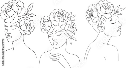 Flower Head Woman Illustration set – Surreal Botanical Line Art.