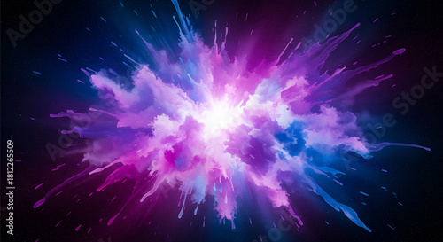 Exploding watercolor splashes forming an abstract cosmic cloud; purple, blue, magenta tones; soft edges with vibrant center glow