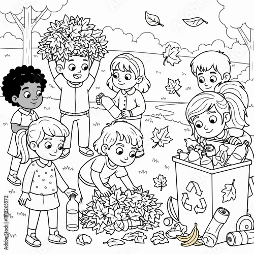 Children cleaning outdoors with a coloring page theme. Children are engaging in cleaning duties outside on a coloring page, picking up litter and fallen leaves.