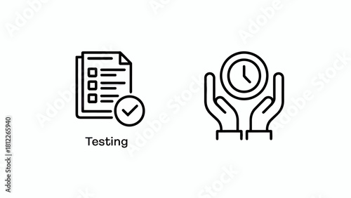 Software Quality Assurance Testing and Project Time Management Concepts Depicted Through Minimalist Line Icons on White Background