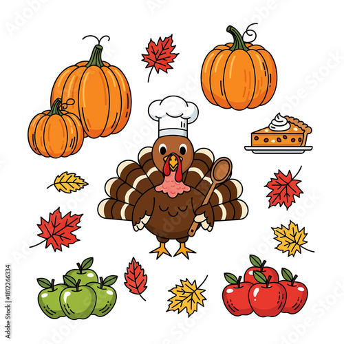 Cute Thanksgiving vector illustration set featuring a chef turkey, pumpkin pie, apples, and colorful fall foliage icons