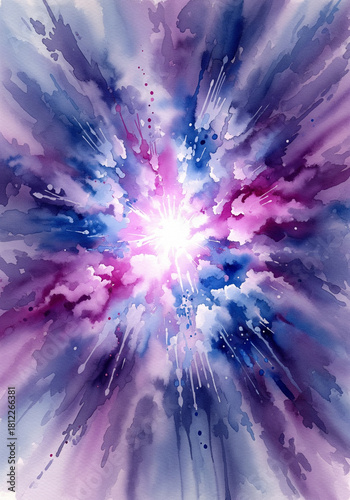 Exploding watercolor splashes forming an abstract cosmic cloud; purple, blue, magenta tones; soft edges with vibrant center glow