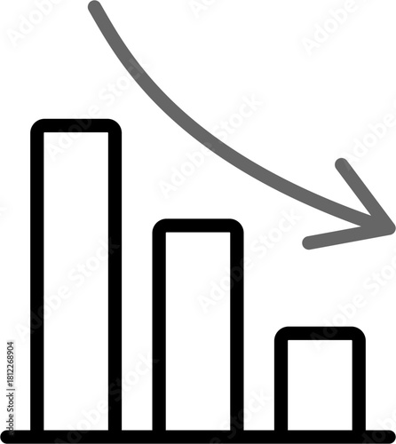 Negative earning profit, arrow point down downward trend bar graph chart infographic outline line icon symbol sign vector