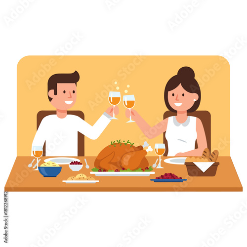 Thanksgiving Dinner A Festive Toast with Roasted Turkey and Happy Couple