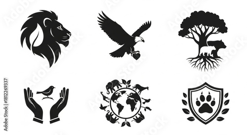 Wildlife Welfare Silhouette Icon Set with Nature and Conservation Symbols