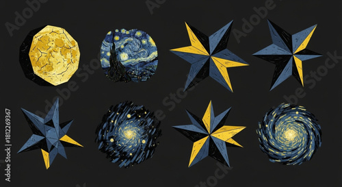 Brutalist Starry Night Icon Set with Moon, Stars, and Cosmic Silhouettes