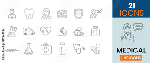 a collection of twenty one simple line icons representing various medical and healthcare related concepts and symbols