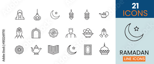 a collection of twenty one ramadan line icons depicting islamic symbols traditions and decorative elements for celebrations