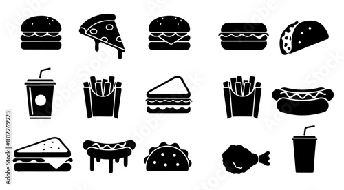 Delicious black and white fast food icons for restaurant menu design and branding