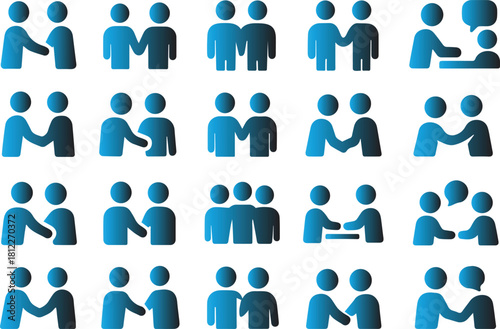 Modern gradient blue icon set illustrating various forms of human interaction, fostering partnership, teamwork, communication, and collaborative efforts for business and social projects